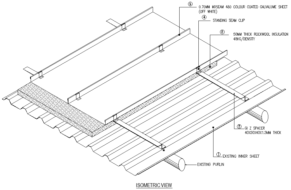 Metal sheet roofing detail in isometric view DWG AutoCAD drawing