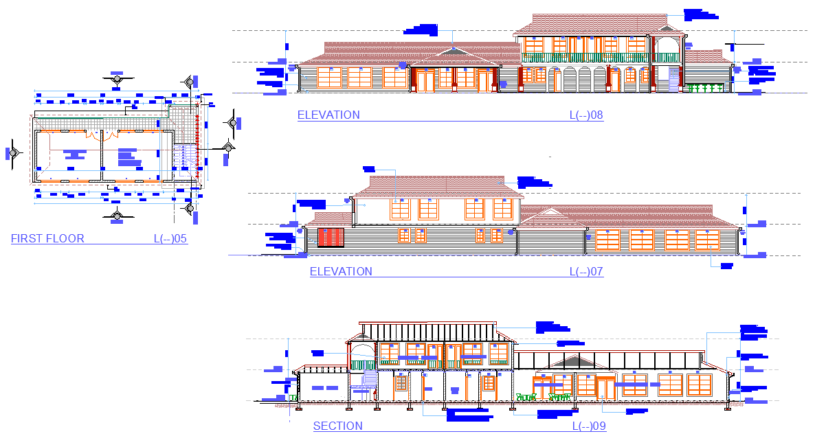 Mini market First floor elevation and section autocad file