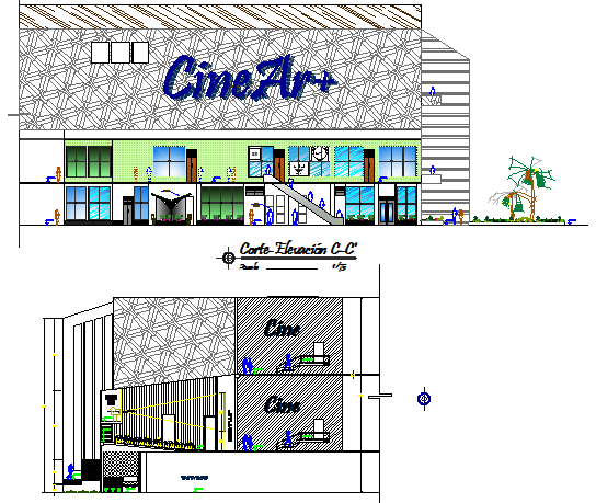 Mini shopping mall elevation and section details dwg file