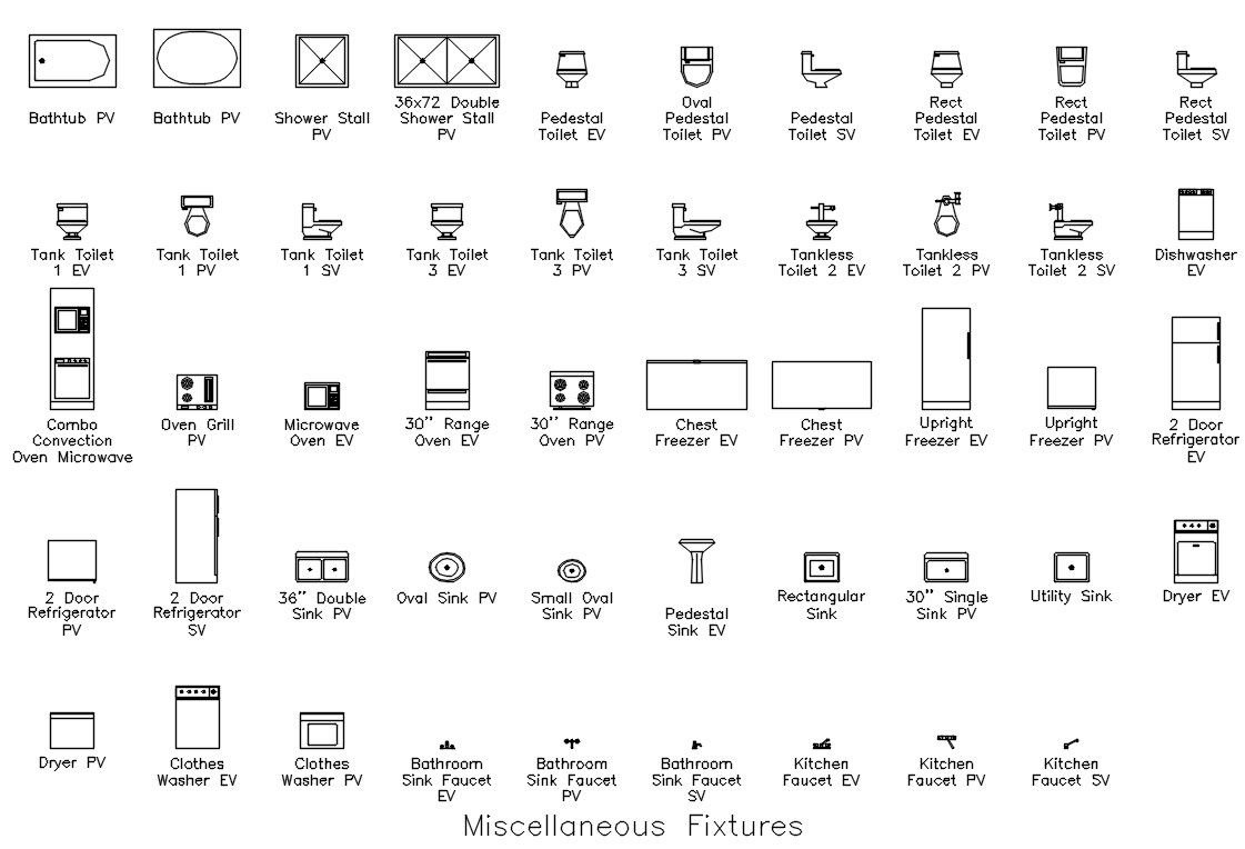 Miscellaneous fixtures 2D blocks in AutoCAD drawing, CAD file, dwg file