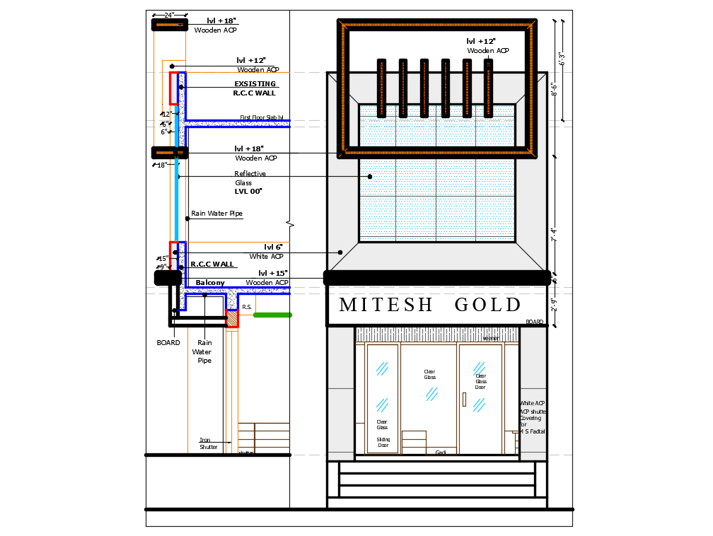 Mitesh jewelry shop exterior elevation and interior details dwg file