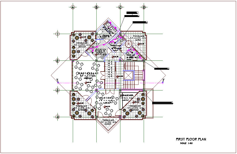 Mixed use building first floor plan with architectural view dwg file