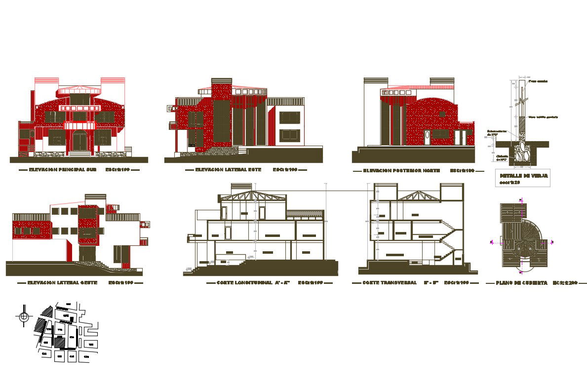 Modern bungalow all sided elevation, section, structure and auto-cad details dwg file