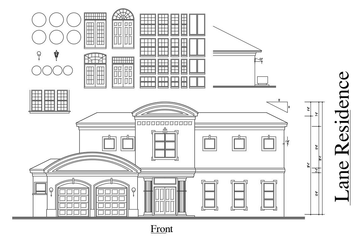 Modern bungalow main elevation and doors and windows details dwg file