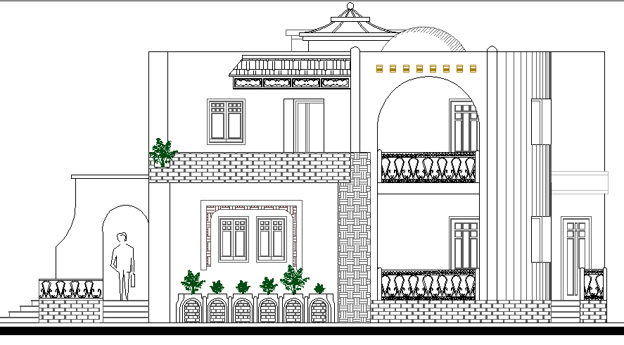 Modern design of bungalow back elevation view dwg file