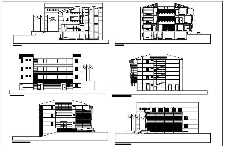 Modern elevation design of a luxurious building dwg file