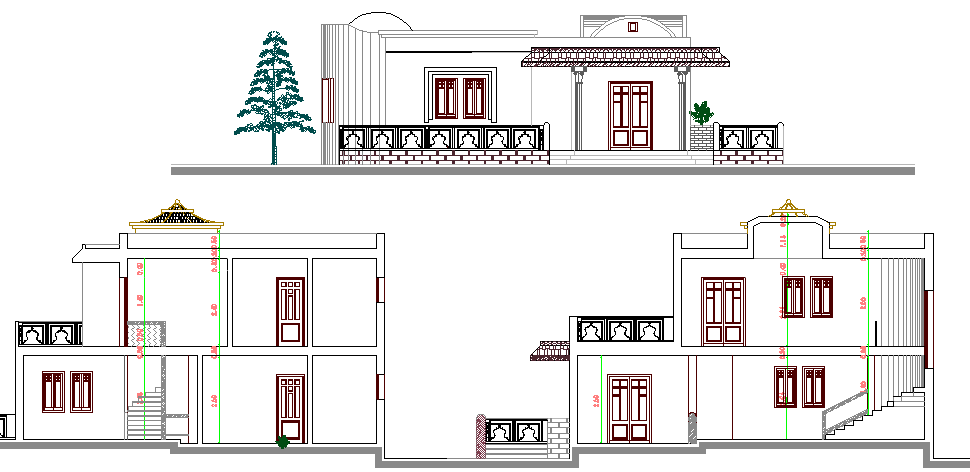 Modern single family villa detailed elevation design dwg file