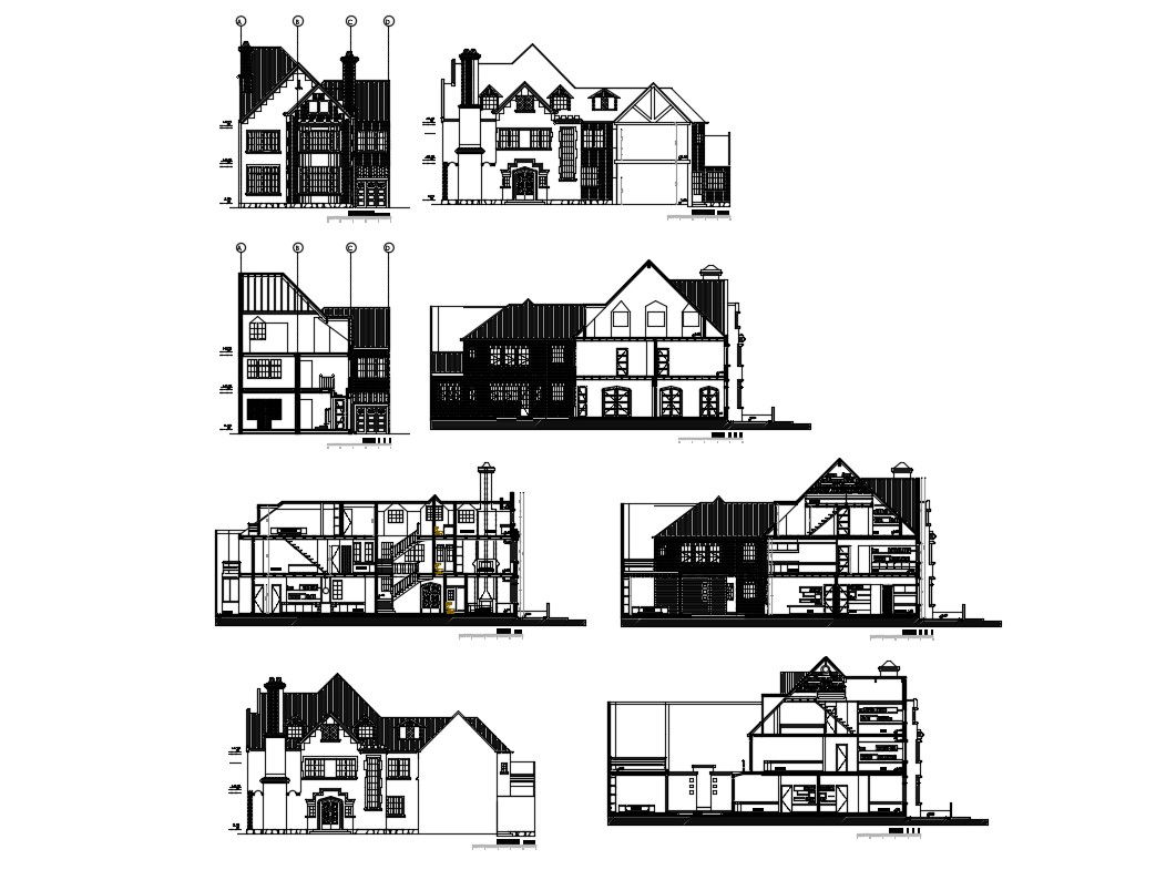 Modern two-story house all sided elevation and sectional details dwg file