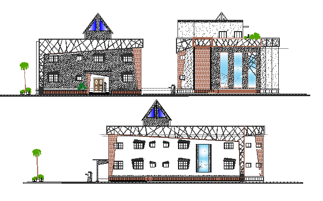 Modern villa elevation and sectional details dwg file