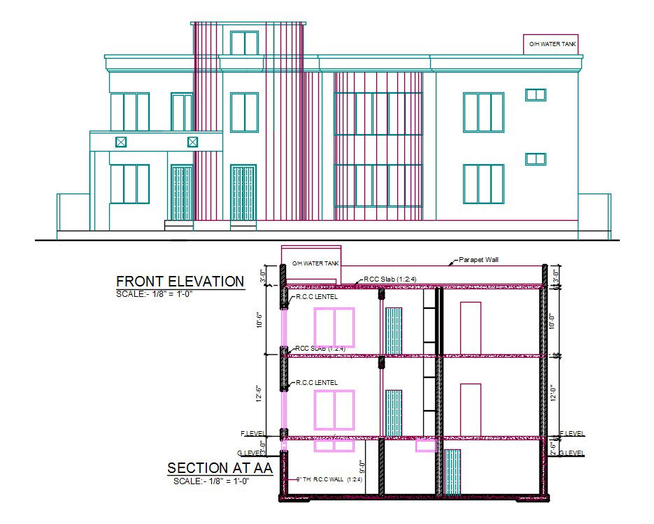 Modern 2 Storey Bungalow Front Elevation And Section drawing DWG