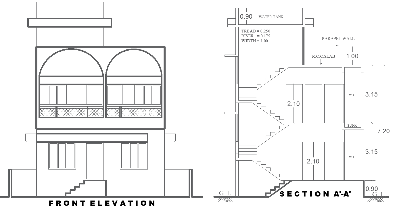 Modern 2 Story House Plan with Elevation & Section DWG File