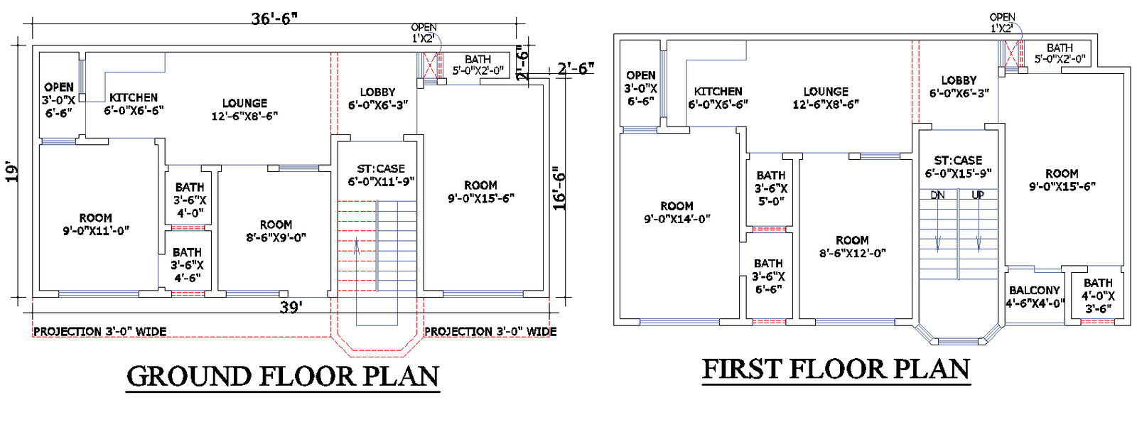 36x19 Residential House Plan with 2 Floors in DWG Format