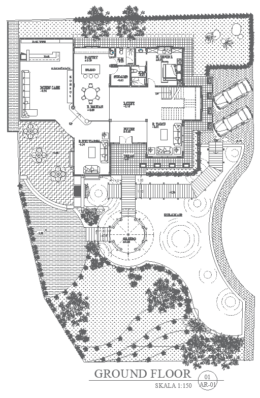 Modern Bungalow Ground Floor Plan with Detailed Landscape Layout AutoCAD DWG