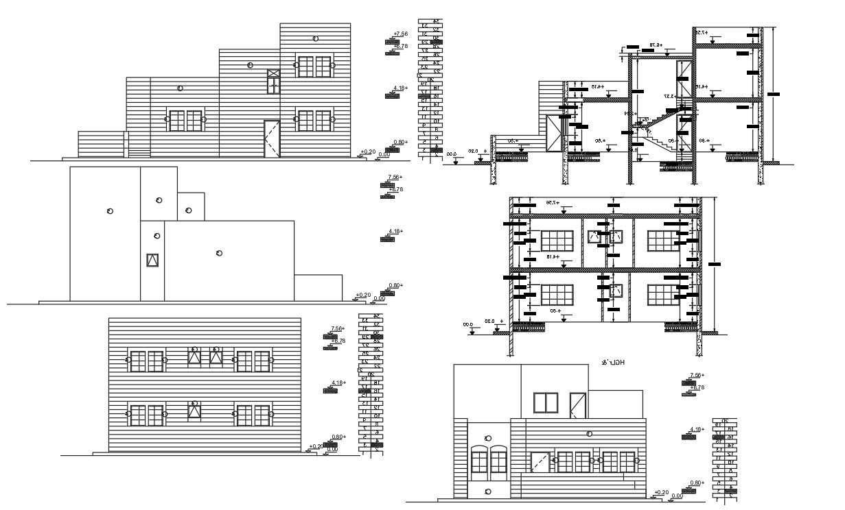 Modern Bungalow Sectional Elevation Design AutoCAD File