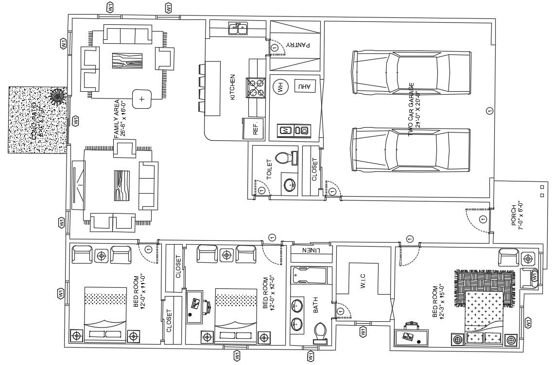 Modern Bungalow design cad drawing is given in this cad file. Download this 2d cad file now.