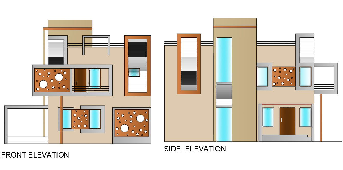 Modern House Front Elevation And Side Elevation Design DWG File