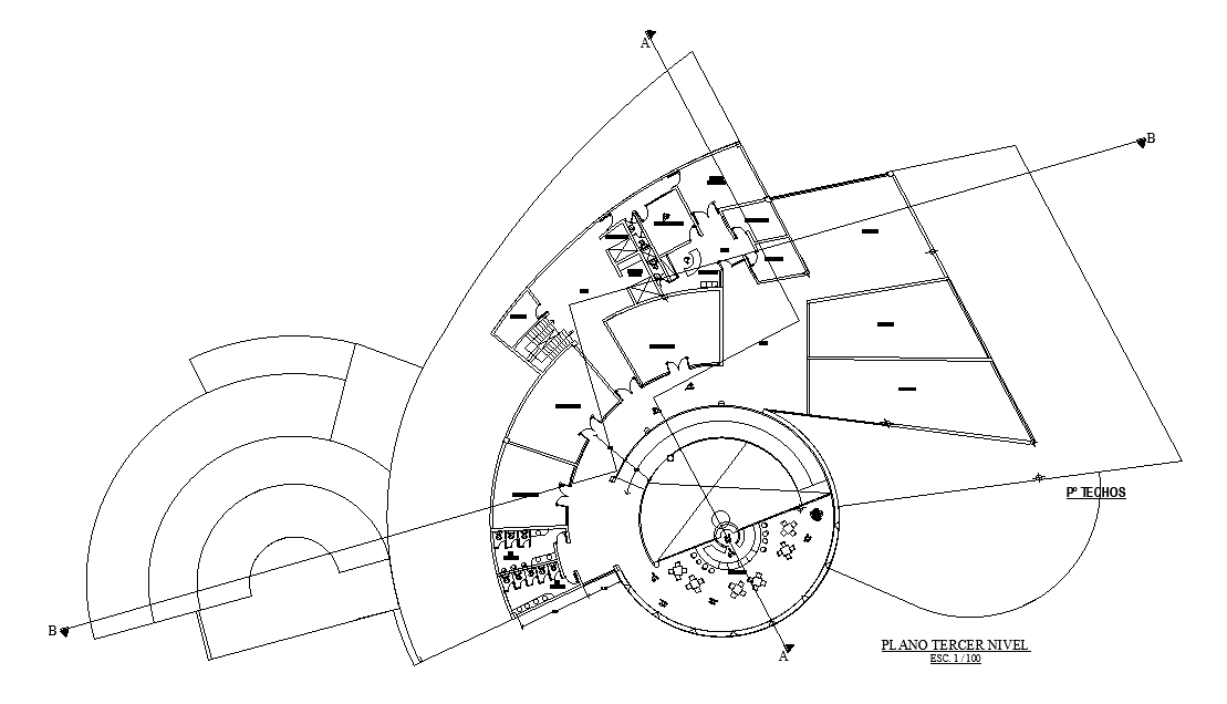 Modern building floor plan cad drawing is given in this cad file. Download this 2d cad file now.