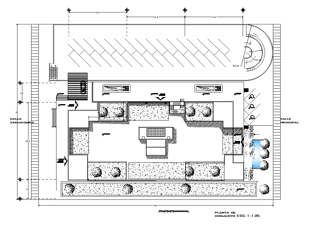 Modern commercial building master plan cad drawing is given in this cad file. Download this cad file now.