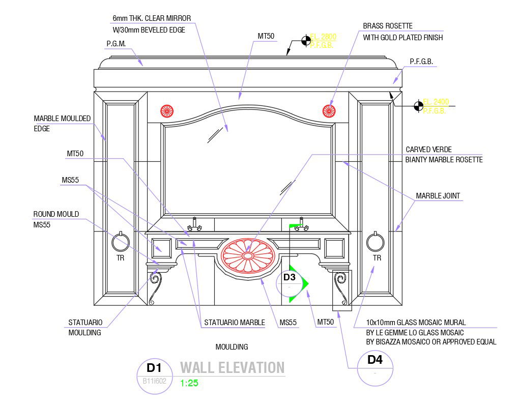 Modern wall elevation design in detail AutoCAD 2D drawing, dwg file, CAD file