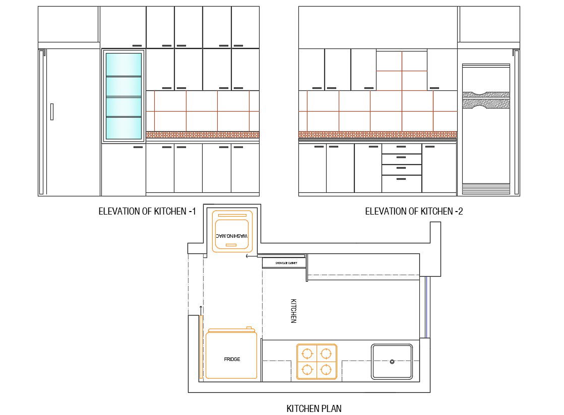 Modular Kitchen Furniture Plan and Elevation AutoCAD drawing