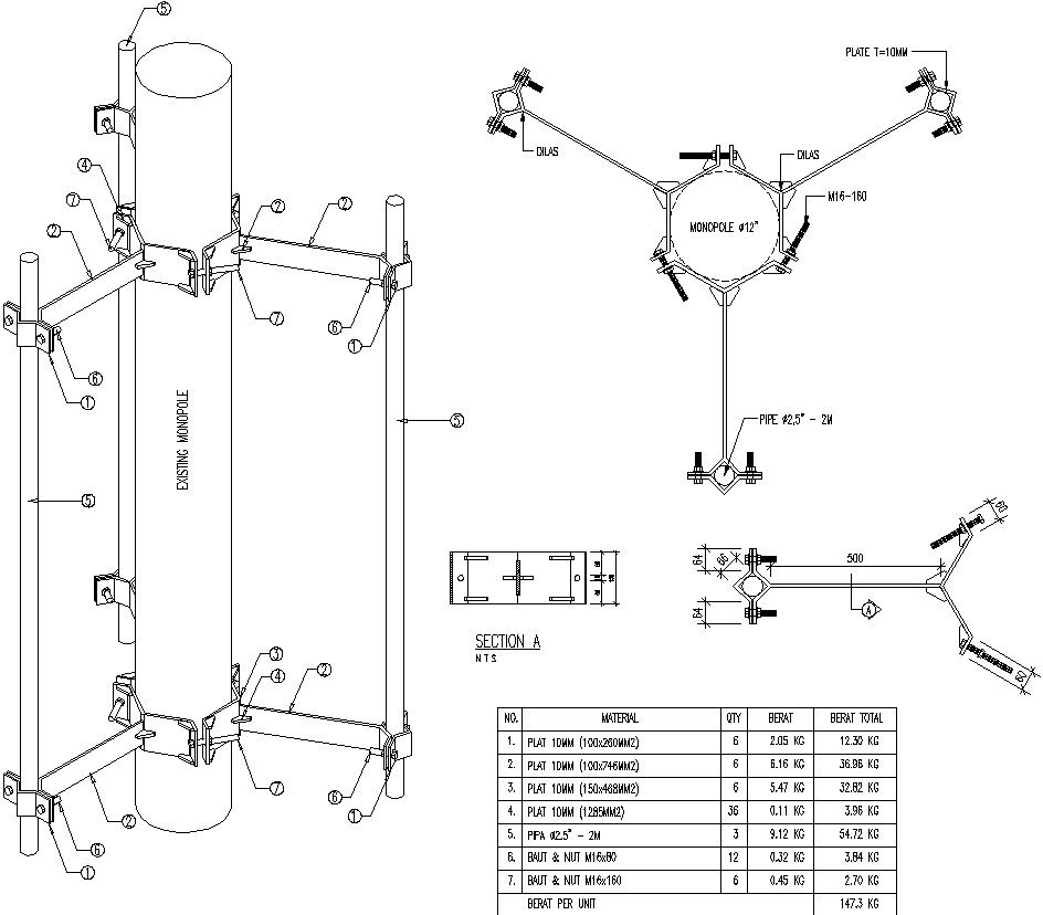 Monopole design with section in detail AutoCAD drawing, CAD file, dwg file