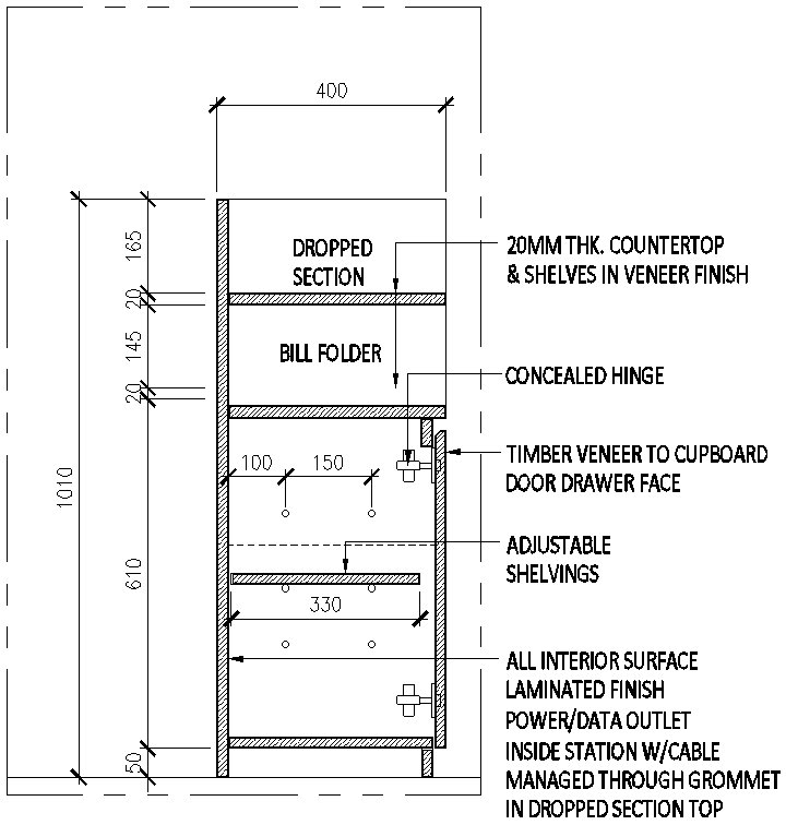 Modern Kitchen Cabinet Section DWG with Dimensions and Specifications
