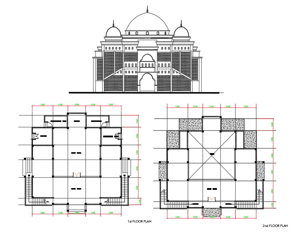 Mosque Plan And Front Elevation Design DWG File