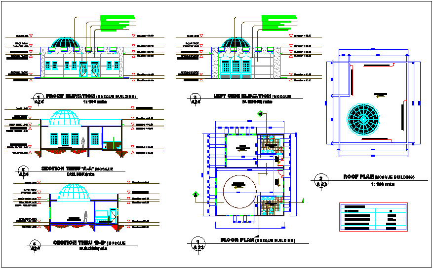 Mosque design view with front elevation,floor plan and sectional view dwg file