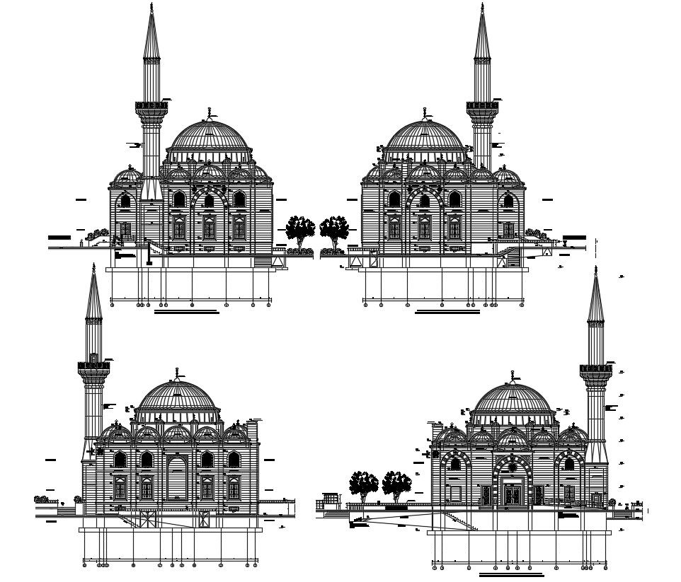 Mosque elevation with detail dimension in dwg file