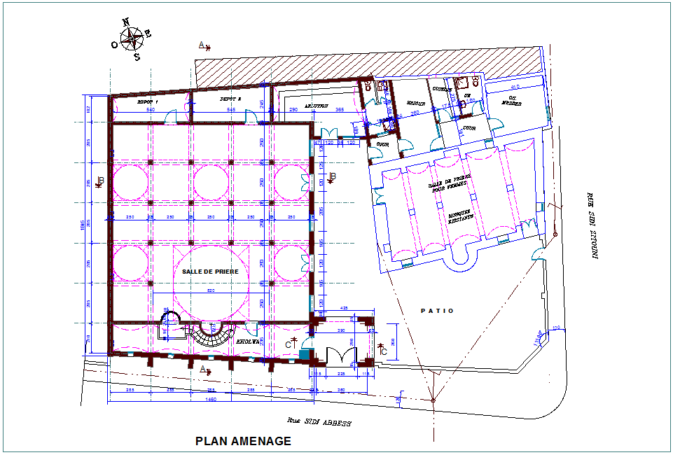 Mosque plan with architectural view dwg file