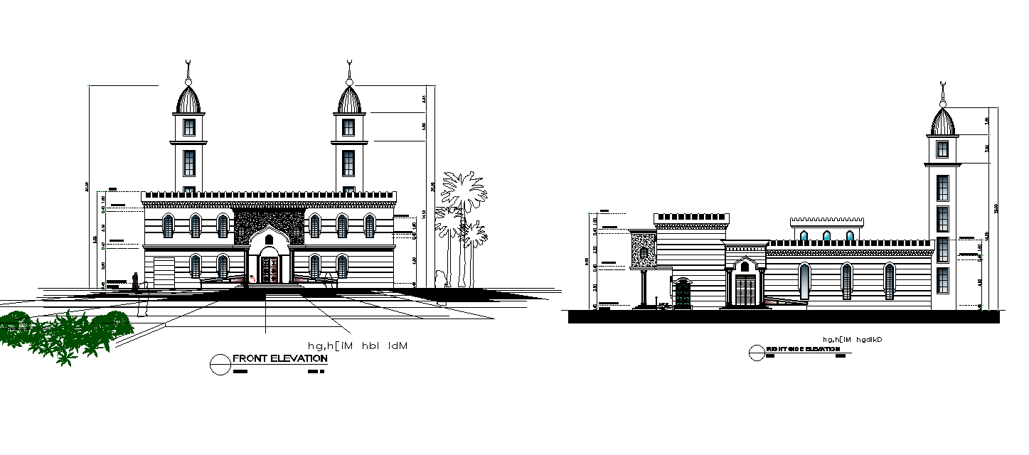 Mosque Building Front And Side Elevation Design DWG File