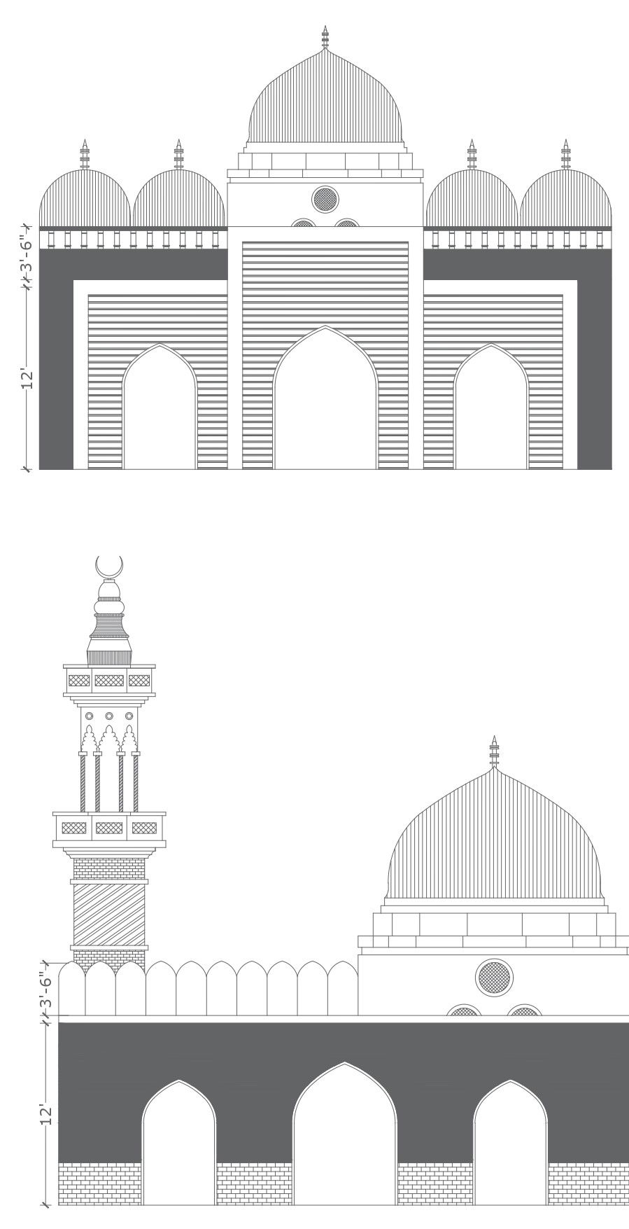 Mosque Front Elevation Design Detail in AutoCAD DWG File