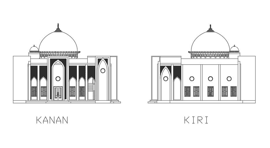 Mosque Front Elevation AutoCAD DWG Drawing with Dome