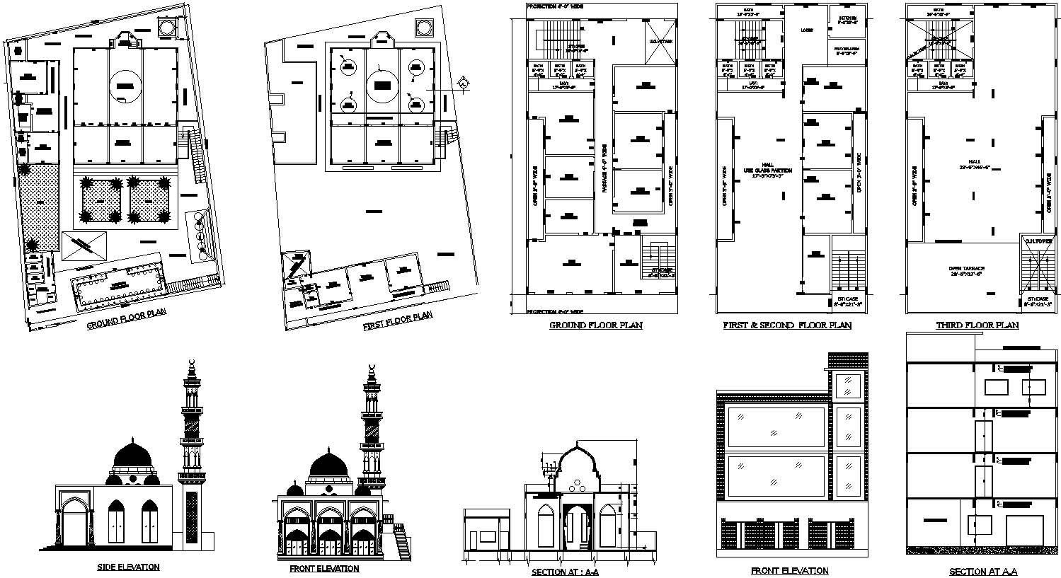 Mosque plan and front elevation in AutoCAD DWG layout