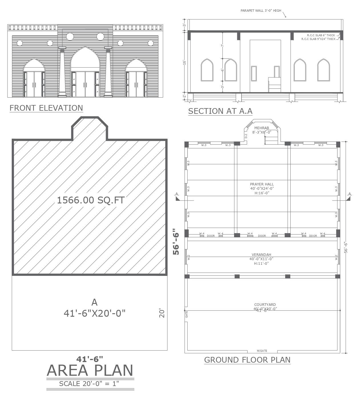 Mosque Plan with Section and Elevation Detail in AutoCAD File