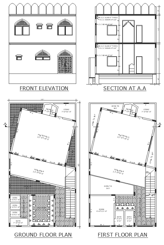 Mosque design with detailed plan section and elevation DWG autoCAD drawing