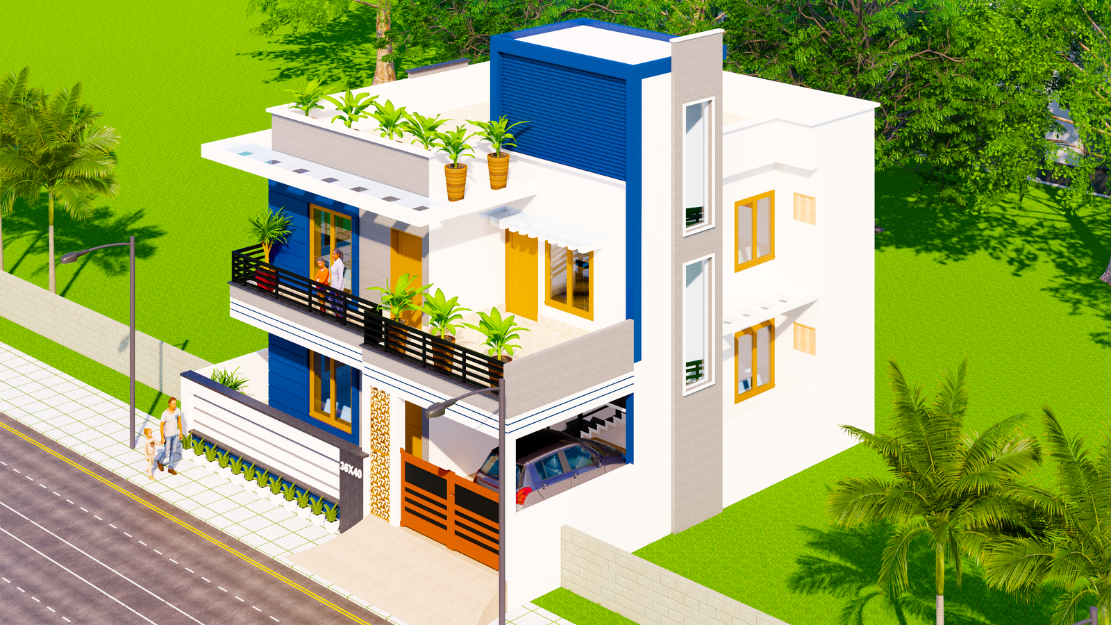 Most Attractive 3d house elevation design with a greenery background. Download this drawing Revit file on cadbull.com.