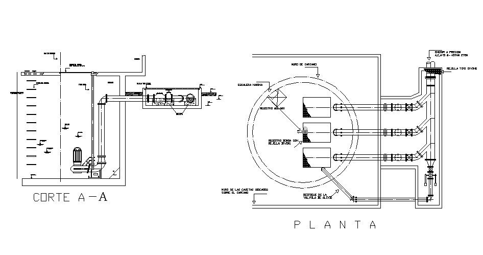 Motor pump machine section and installation details dwg file