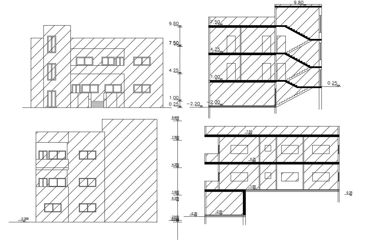 Multi Family House Building Sectional Elevation Design DWG