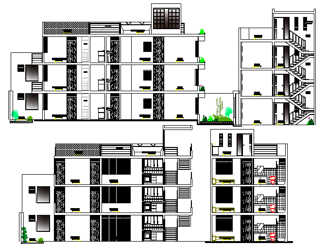 Multi Family Housing Flats Design and Detailed Elevation dwg file