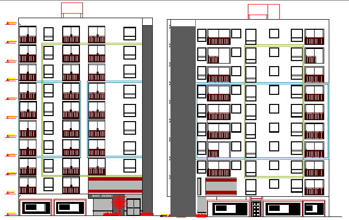 Multi-Family Residential Building Elevation dwg file