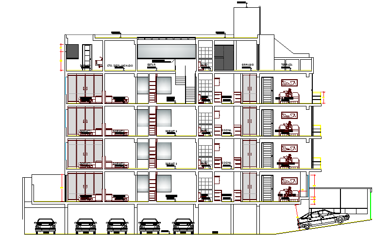 Multi-Family Residential Flats Architecture Design, Elevation dwg file