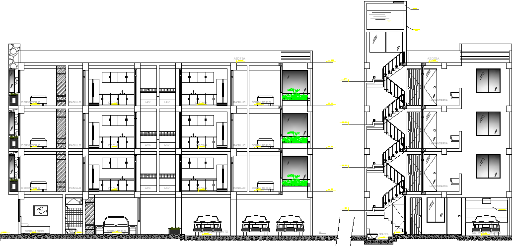 Multi-Family and Multi-Flooring Residential Flats Elevation dwg file
