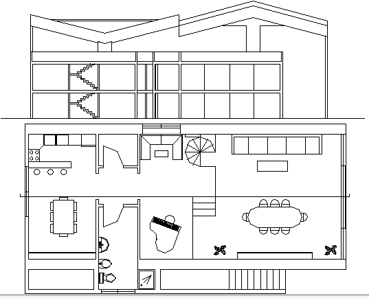Multi-Flooring Bungalow Design Section and Elevation dwg file