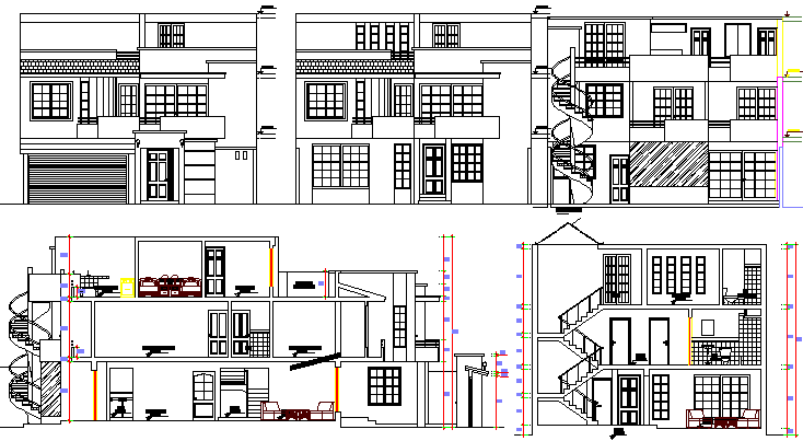 Multi-Flooring Bungalow Design and Elevation dwg file