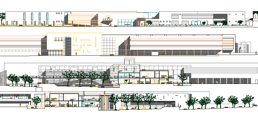 Multi-Flooring Hospital Elevation and Section Details dwg file