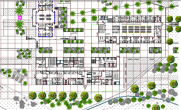 Multi-Flooring Hospital Landscaping and Structure Details dwg file