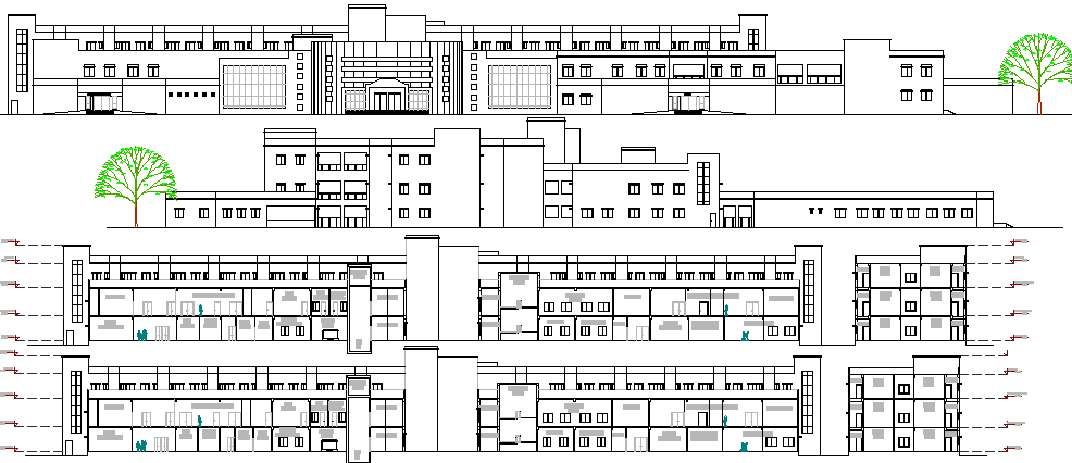 Multi-Specialty Hospital Elevation and Section Plan dwg file