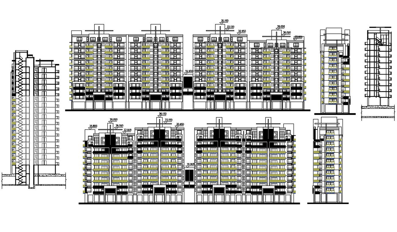 Multi Storey Apartment Building Elevation Design DWG File