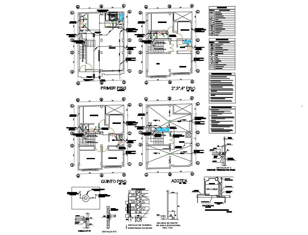 Multi-familiar housing building all floors sanitary installation details dwg file